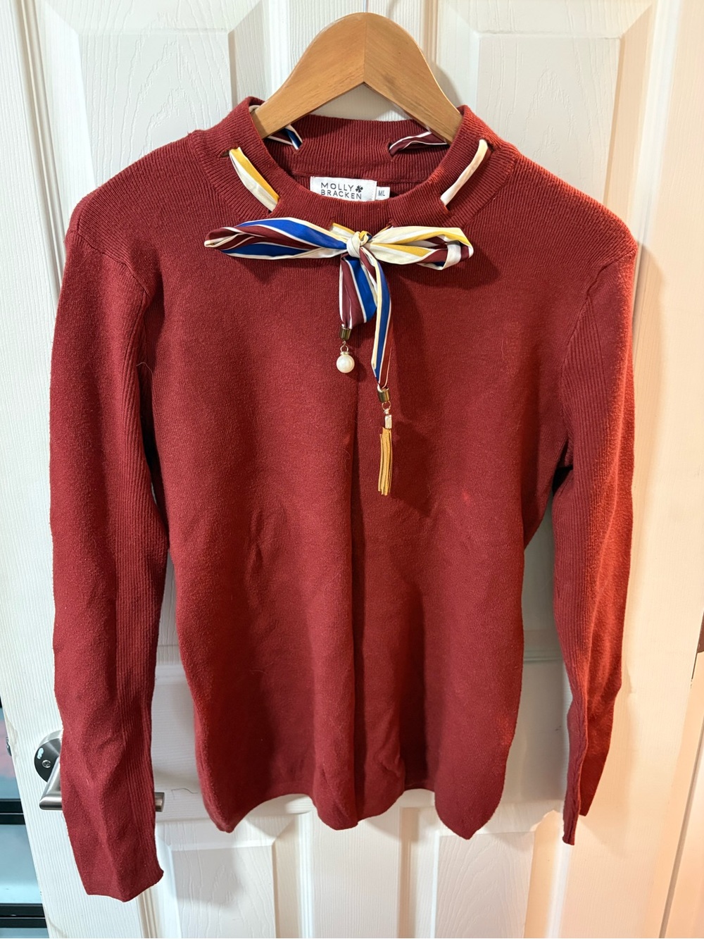 Molly Bracken Rust Red Knit Turtleneck with Striped Neck Scarf